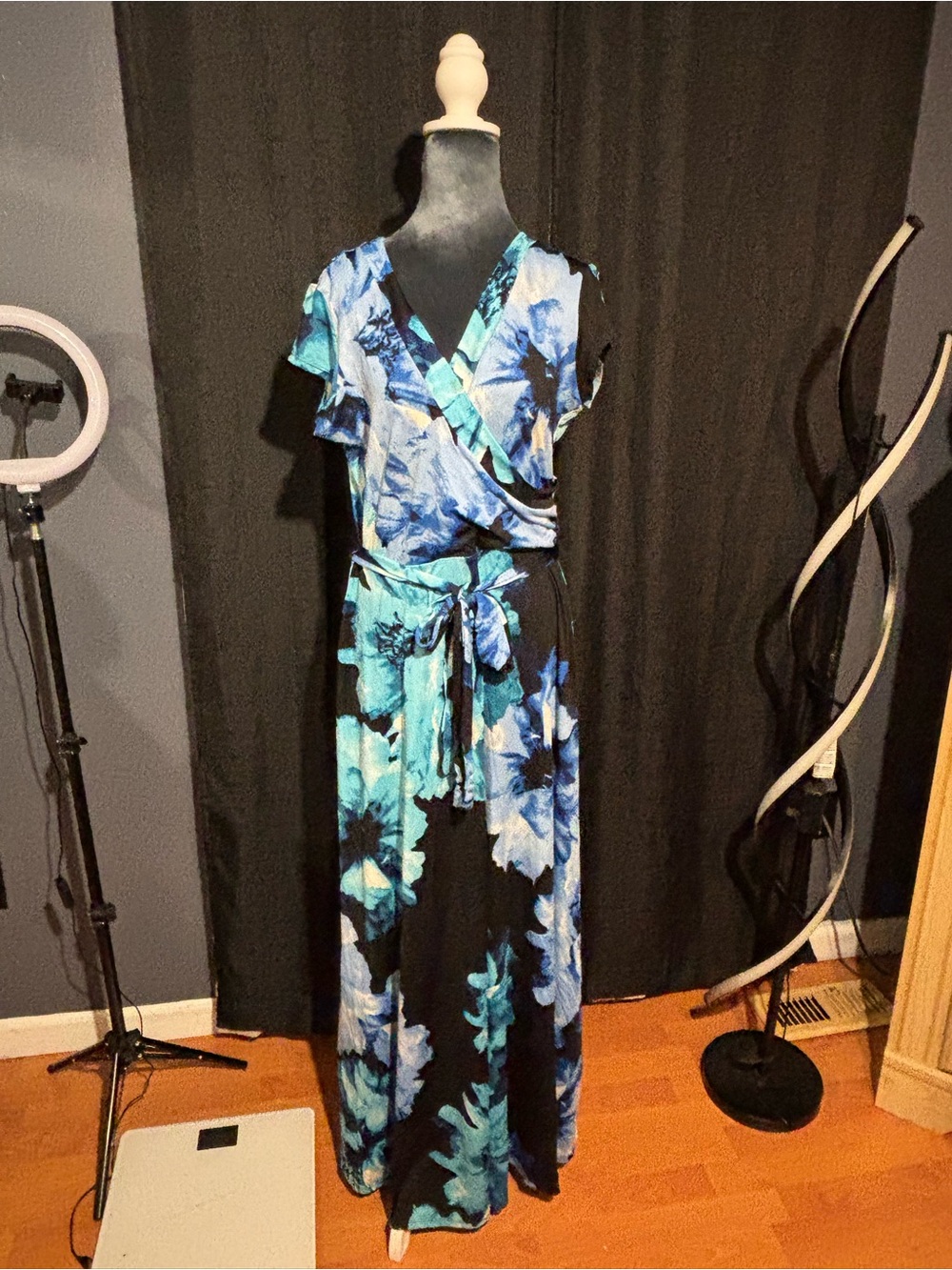 Olivia Matthews Black Maxi Dress with Blue Floral Print NWT